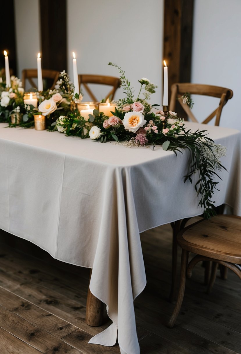 A rustic wedding table adorned with draped cheesecloth, adorned with delicate florals and candles, creating a romantic and elegant atmosphere