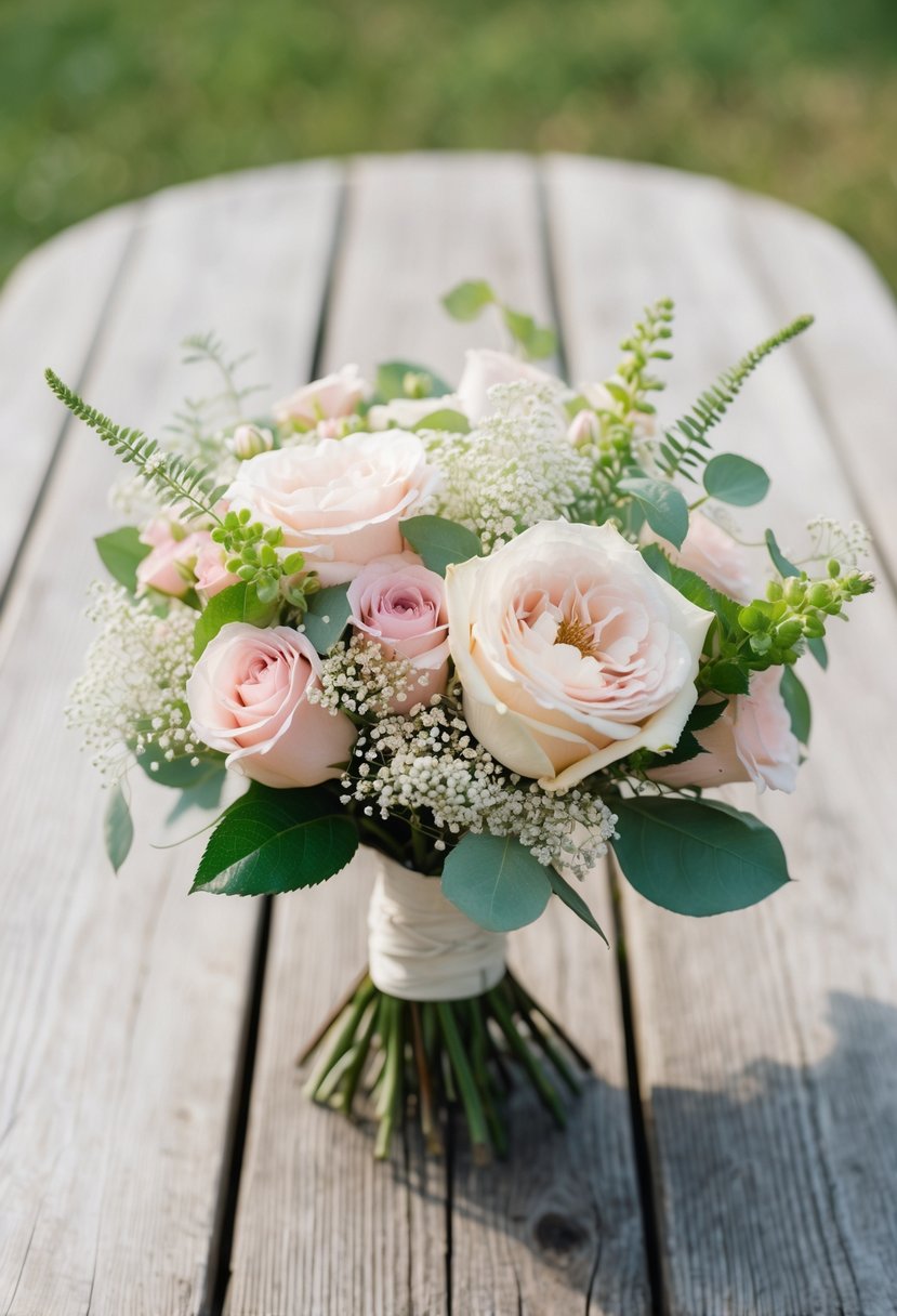 A rustic wooden table adorned with a pastel-colored vintage wedding bouquet, featuring soft pink roses, delicate baby's breath, and lush greenery