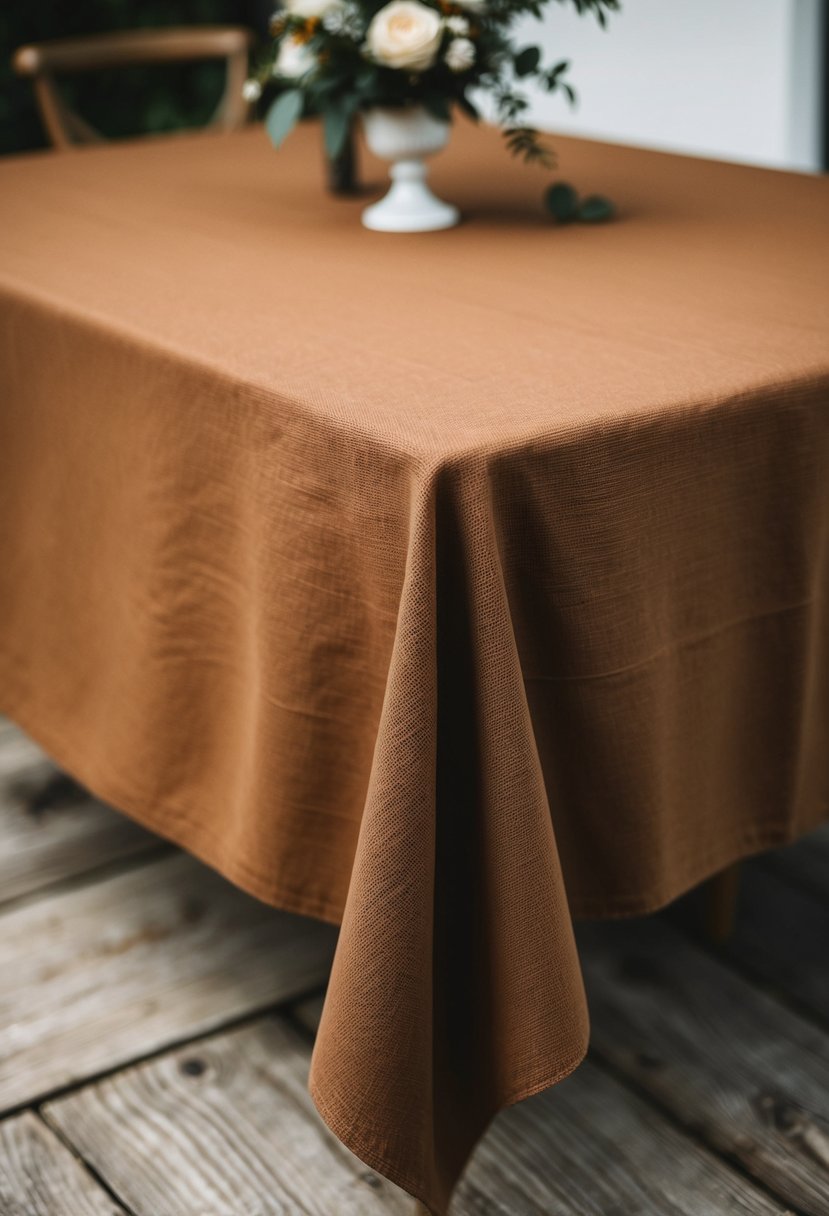 A rustic brown cheesecloth drapes over a wooden wedding table, creating a cozy and warm atmosphere