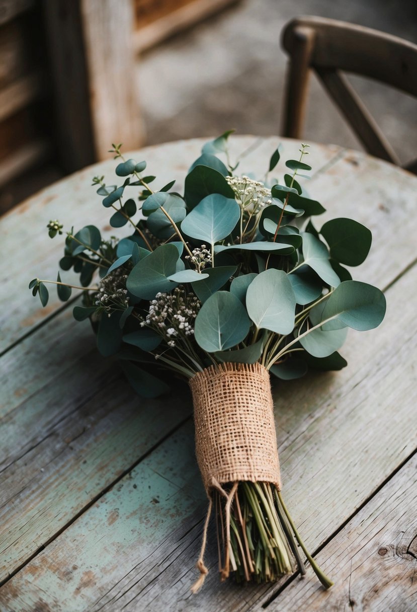 A rustic wedding bouquet with eucalyptus and burlap wrap rests on a weathered wooden table