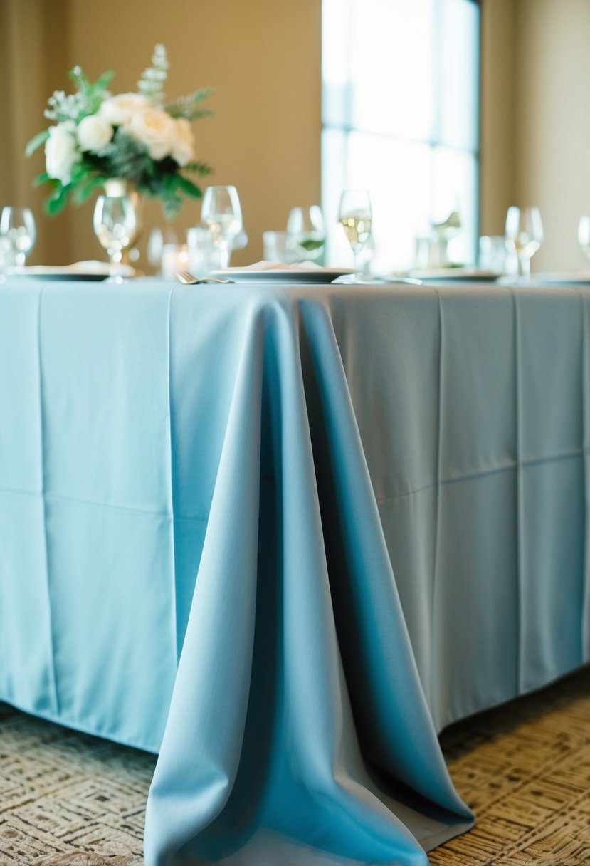 A dusty blue cheesecloth drapes elegantly over a wedding table, adding a touch of sophistication to the decor