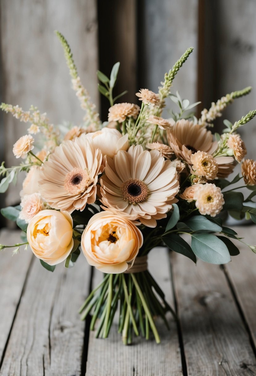 A collection of delicate beige and peach flowers arranged in a rustic, vintage-style bouquet