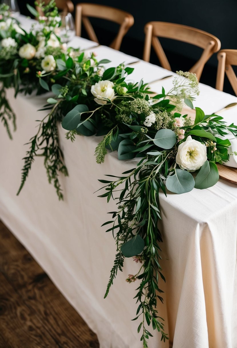 Cheesecloth drapes over a rustic wooden table, adorned with fresh greenery and delicate flowers for a natural wedding centerpiece