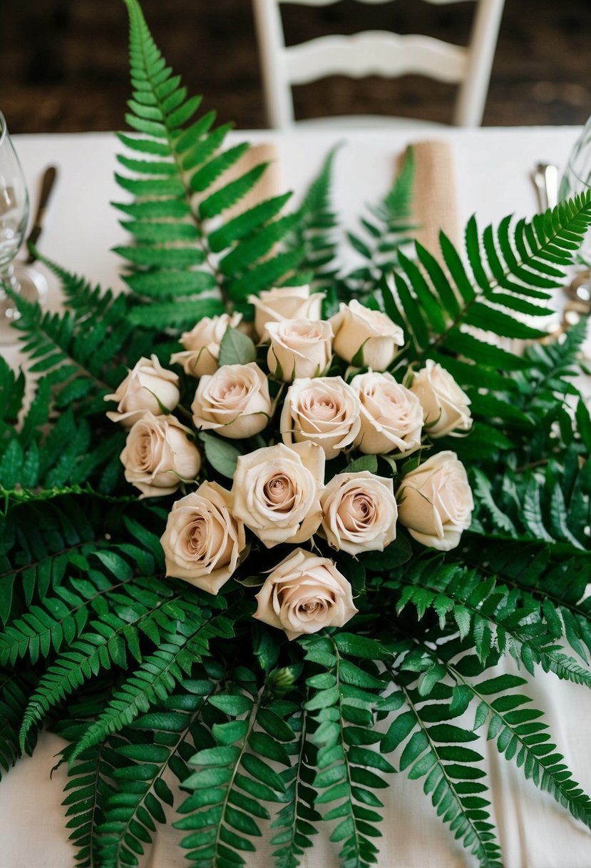 Lush green ferns surround a rustic bouquet of burlap roses, creating a vintage wedding centerpiece