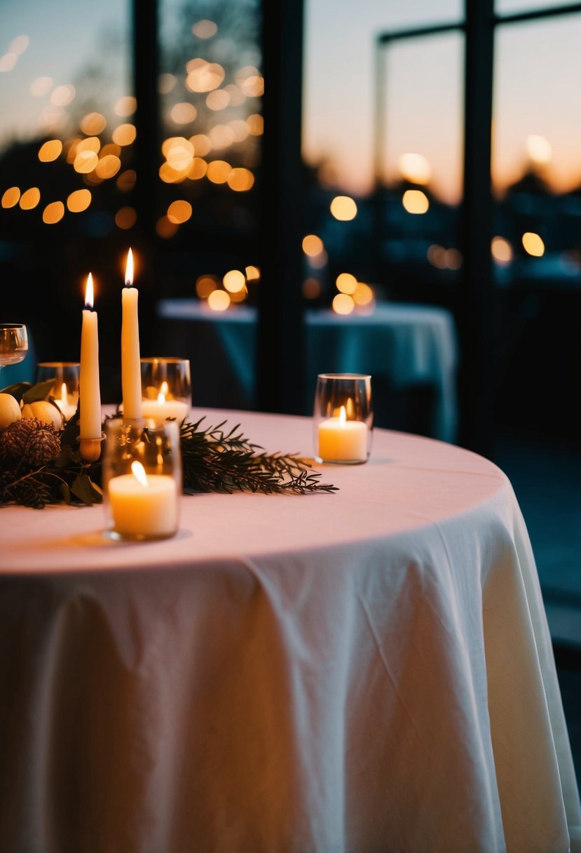 Cheesecloth draped over table with flickering candles for warmth and ambiance