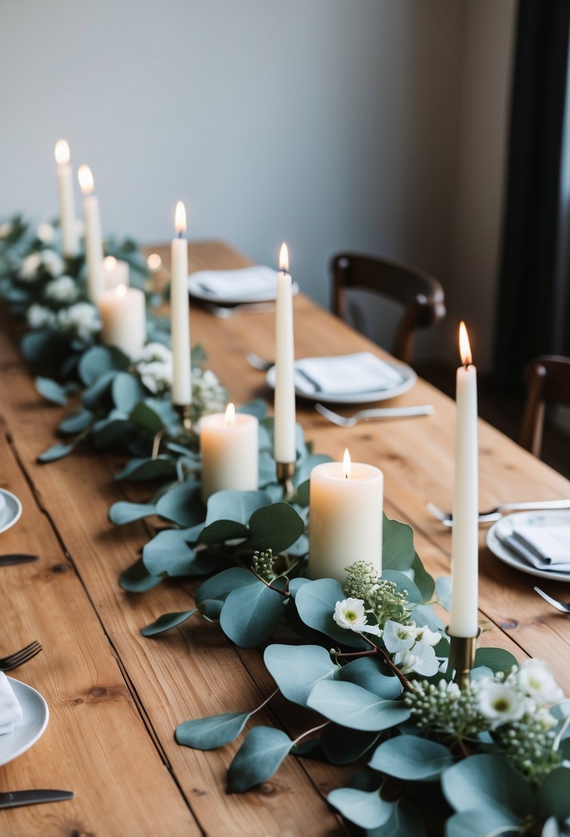 A wooden table adorned with eucalyptus garlands, candles, and small vases filled with eucalyptus leaves and white flowers