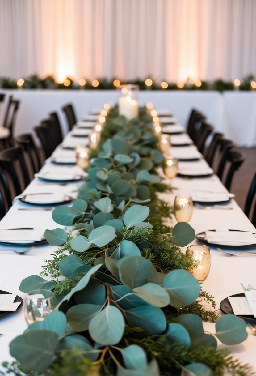 Lush eucalyptus garlands cascade down the length of a wedding reception table, creating a natural and elegant centerpiece