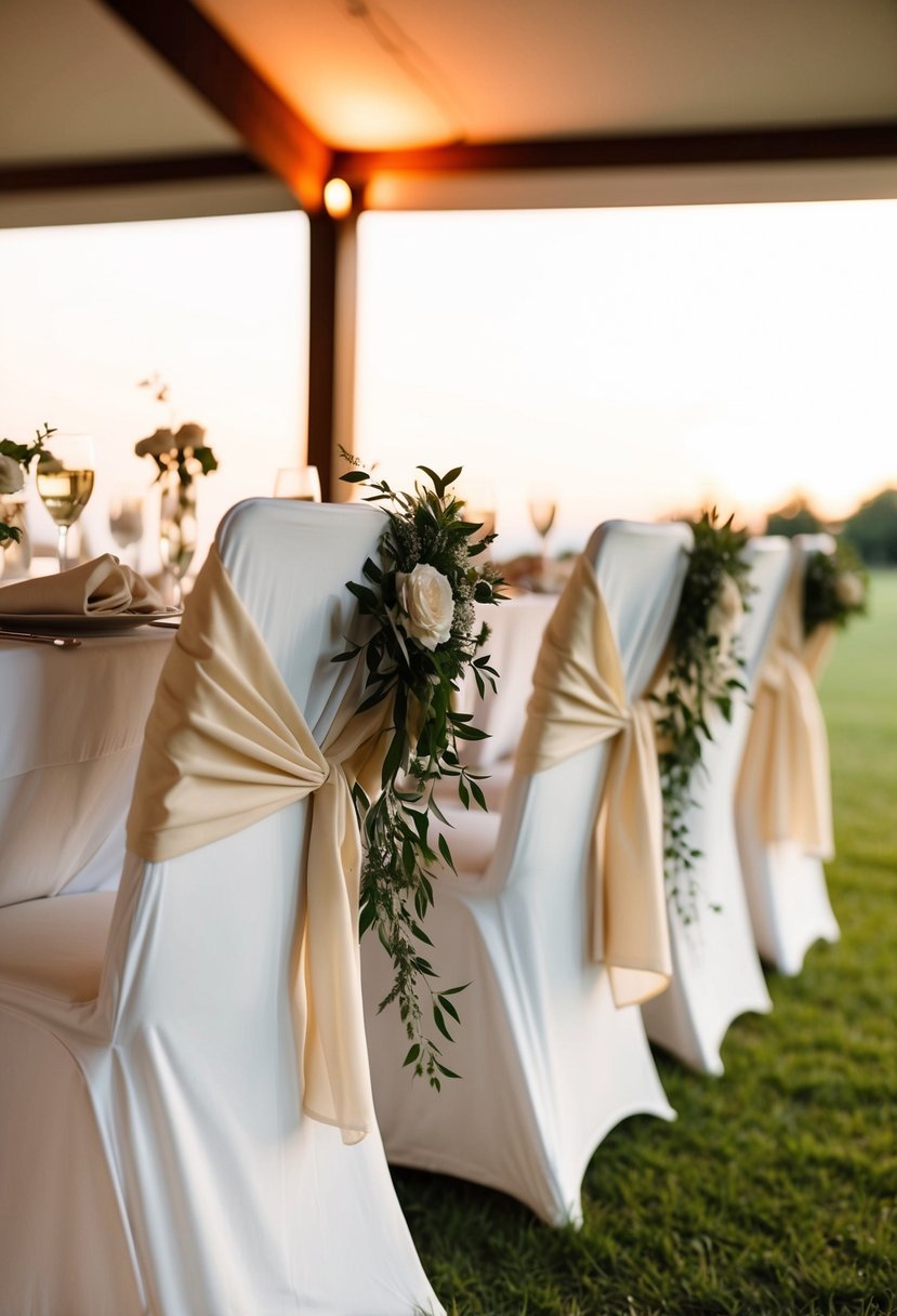 Cheesecloth drapes elegantly over chairs and tables, creating a rustic and romantic wedding atmosphere