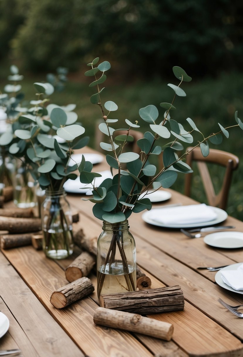 A wooden table adorned with eucalyptus branches and scattered wooden logs, creating a rustic wedding centerpiece