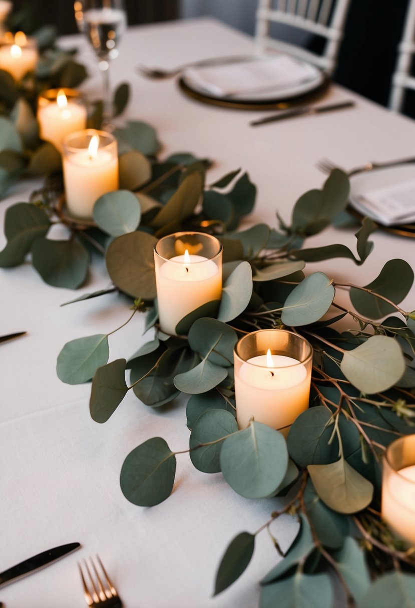 Eucalyptus branches intertwined with flickering votive candles on a wedding reception table