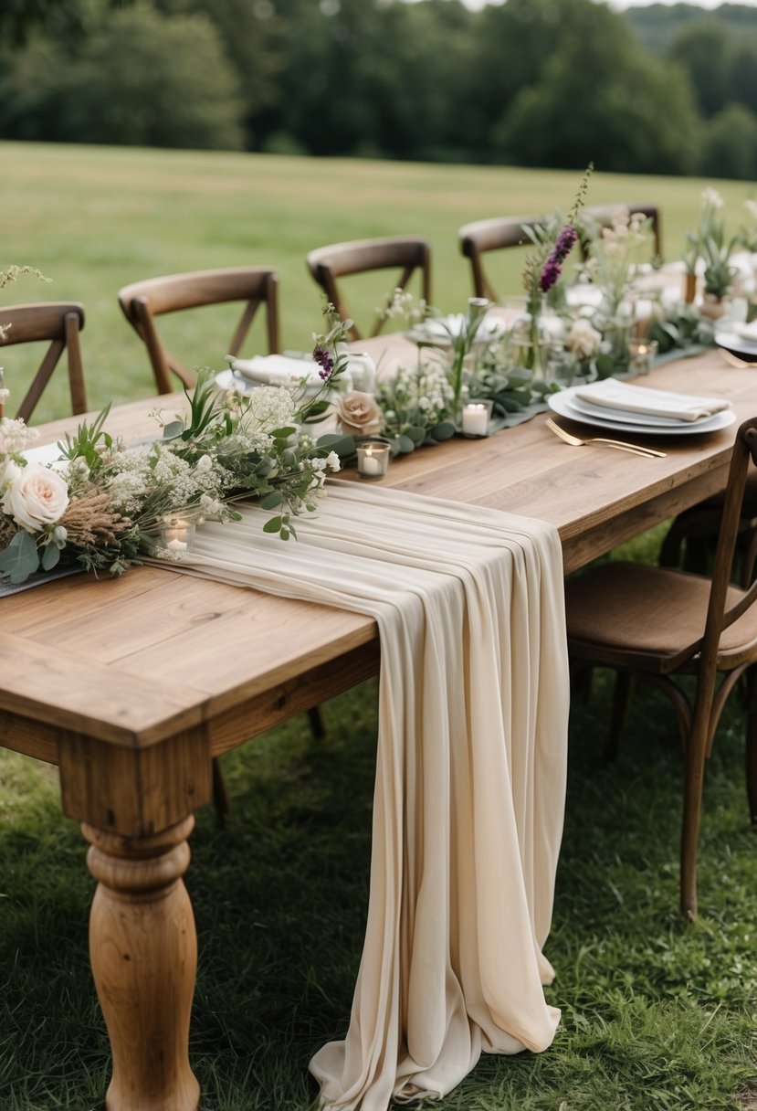 A rustic wooden table adorned with flowing cheesecloth table runners in soft, earthy tones, accented with delicate greenery and wildflowers for a boho-inspired wedding decor