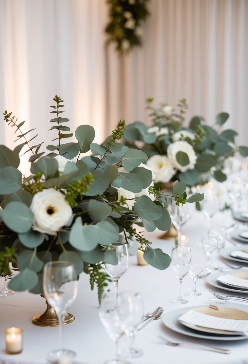 A table adorned with delicate eucalyptus floral arrangements, adding a touch of elegance to a wedding reception