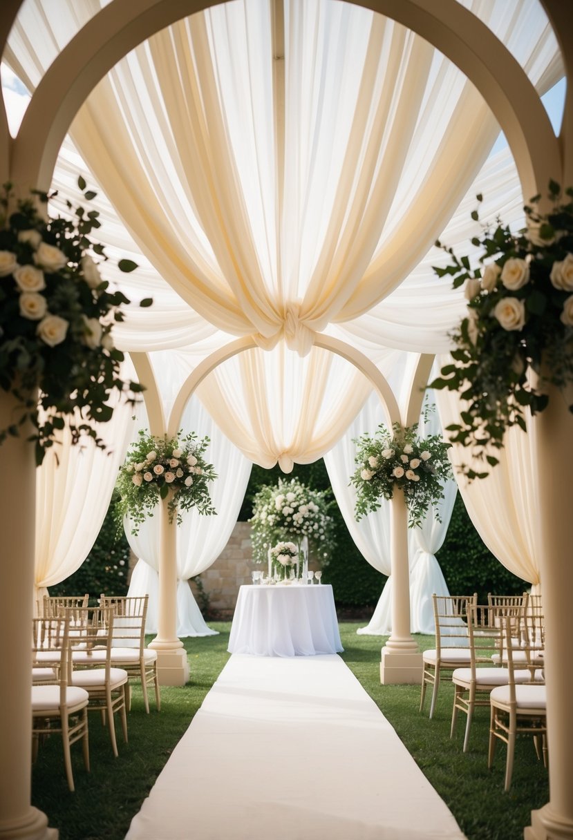 Cheesecloth drapes gracefully over elegant arches and canopies, creating a romantic and whimsical atmosphere for a wedding celebration