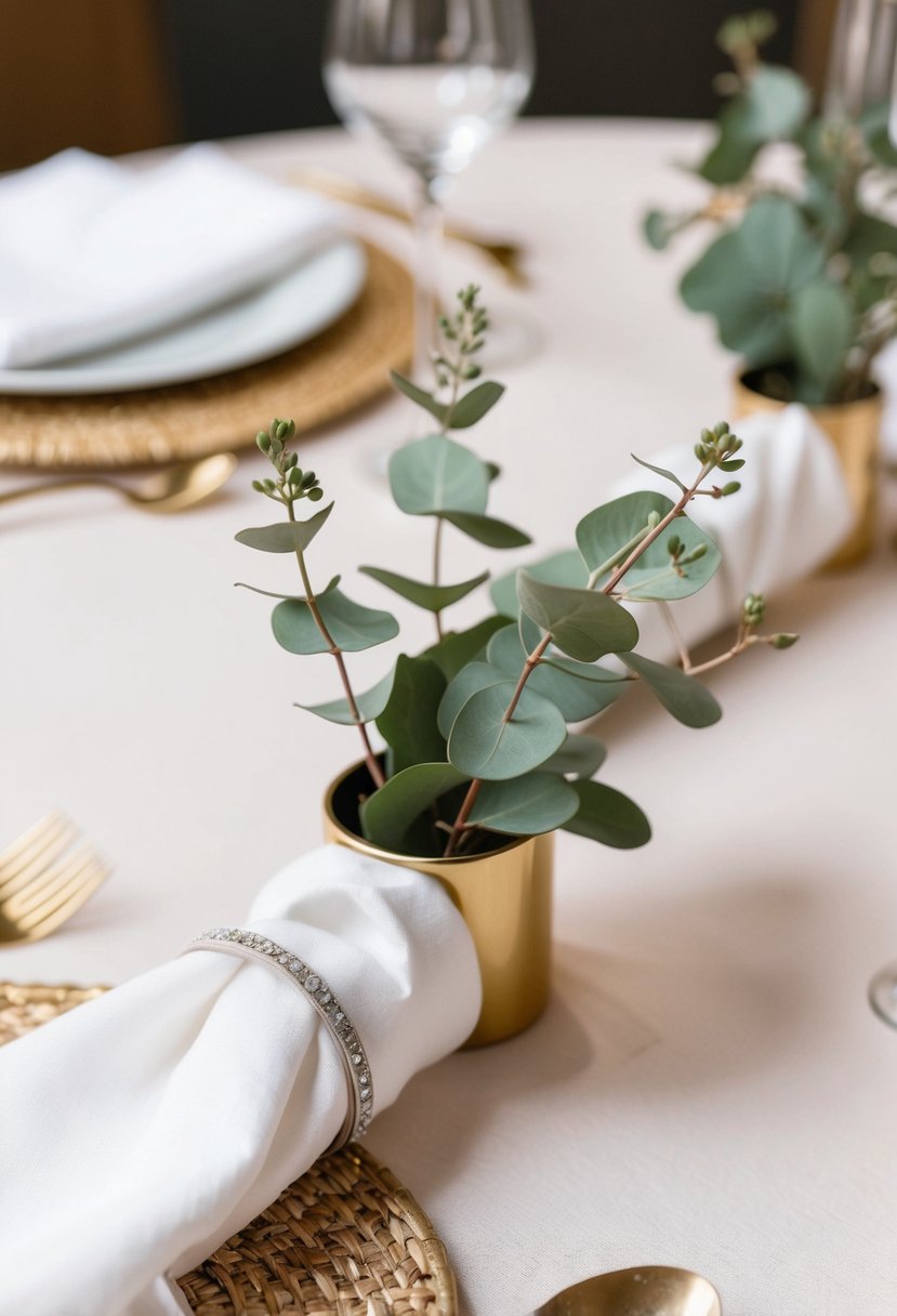 Eucalyptus sprigs adorn napkin rings on a wedding table, adding a natural and elegant touch to the decor