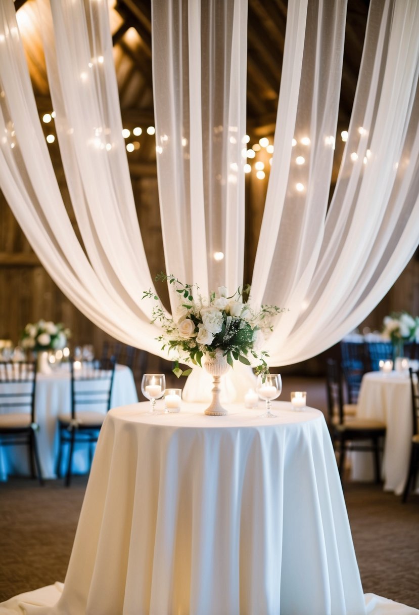 A wispy cheesecloth drapes over an altar, creating an ethereal backdrop. Delicate folds and soft lighting add to the romantic wedding table decor