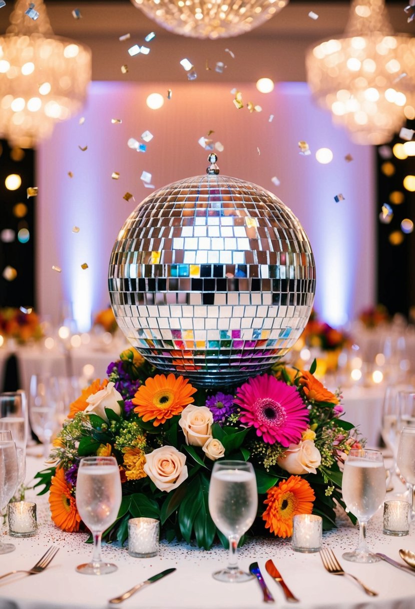 A colorful disco ball centerpiece surrounded by glittering confetti and vibrant flower arrangements on a wedding reception table