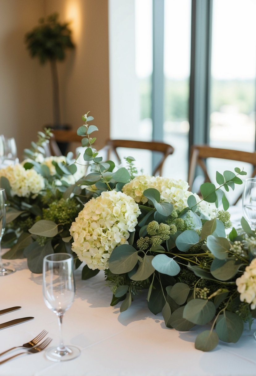 A table adorned with a lush arrangement of eucalyptus and hydrangea, creating a soft and elegant wedding centerpiece