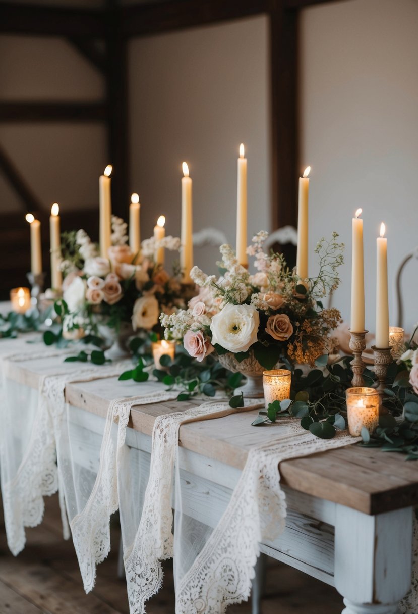 A rustic wooden table adorned with delicate lace and draped with airy cheesecloth, adorned with vintage-inspired floral arrangements and flickering candlelight