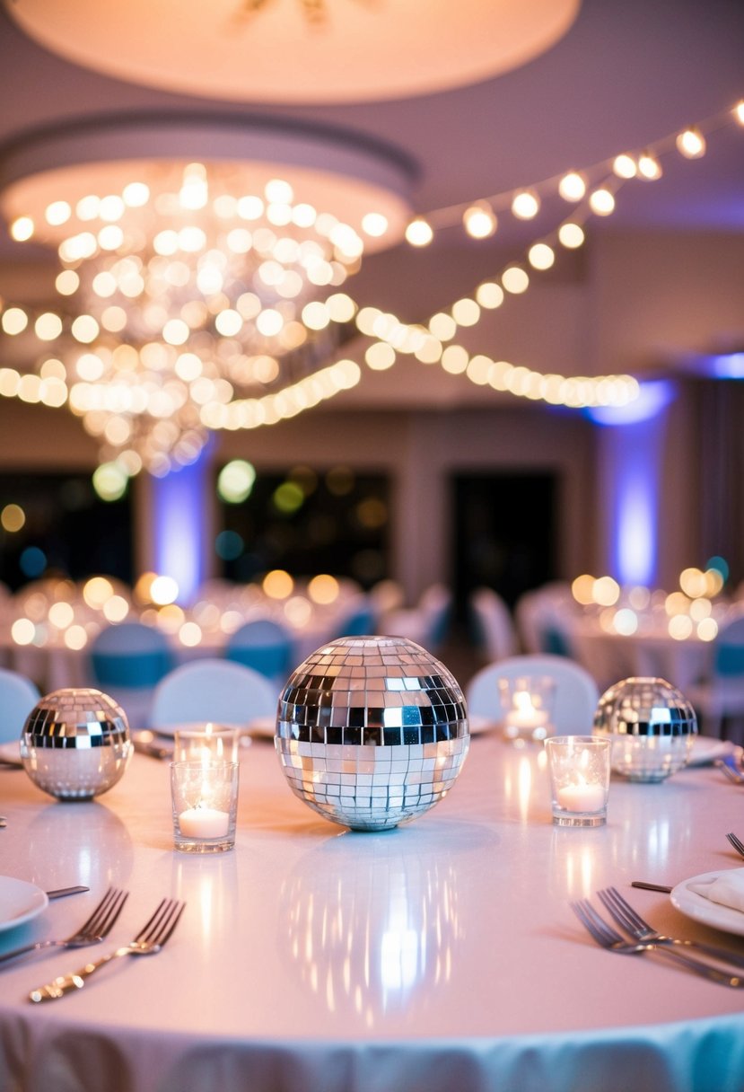 Mini disco balls reflect light on wedding tables. Sparkling centerpieces add a festive touch to the reception