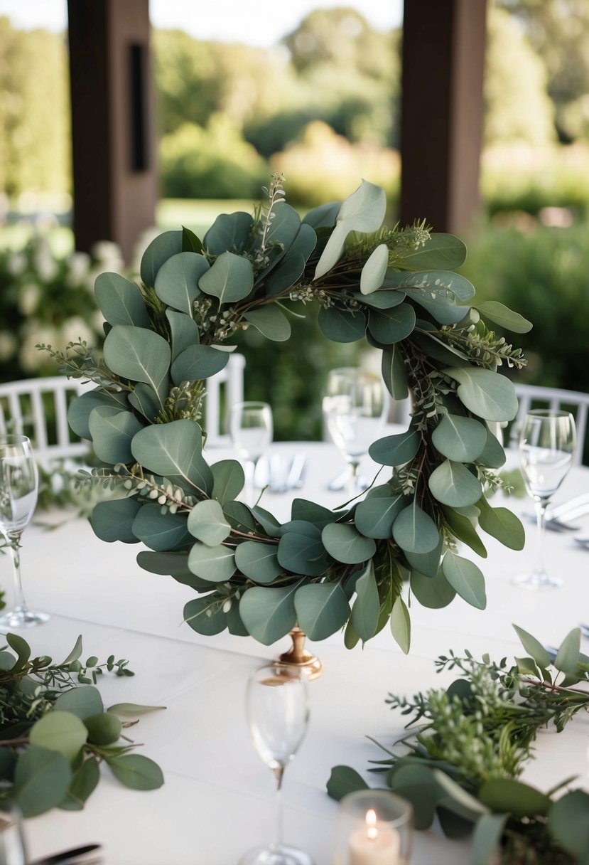 Round eucalyptus wreaths adorn wedding tables, creating a natural and elegant centerpiece