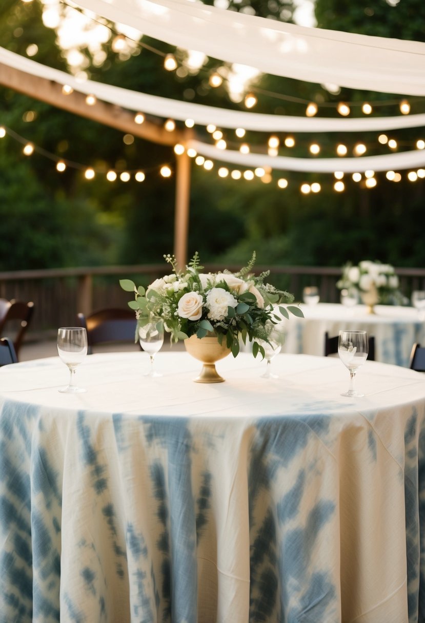 Hand-dyed cheesecloth draping elegantly over wedding tables, adding a unique and rustic touch to the decor