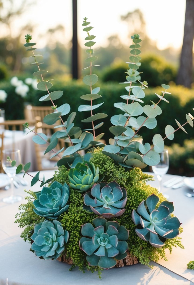 Eucalyptus and succulents arranged in a textured display for a wedding table decoration