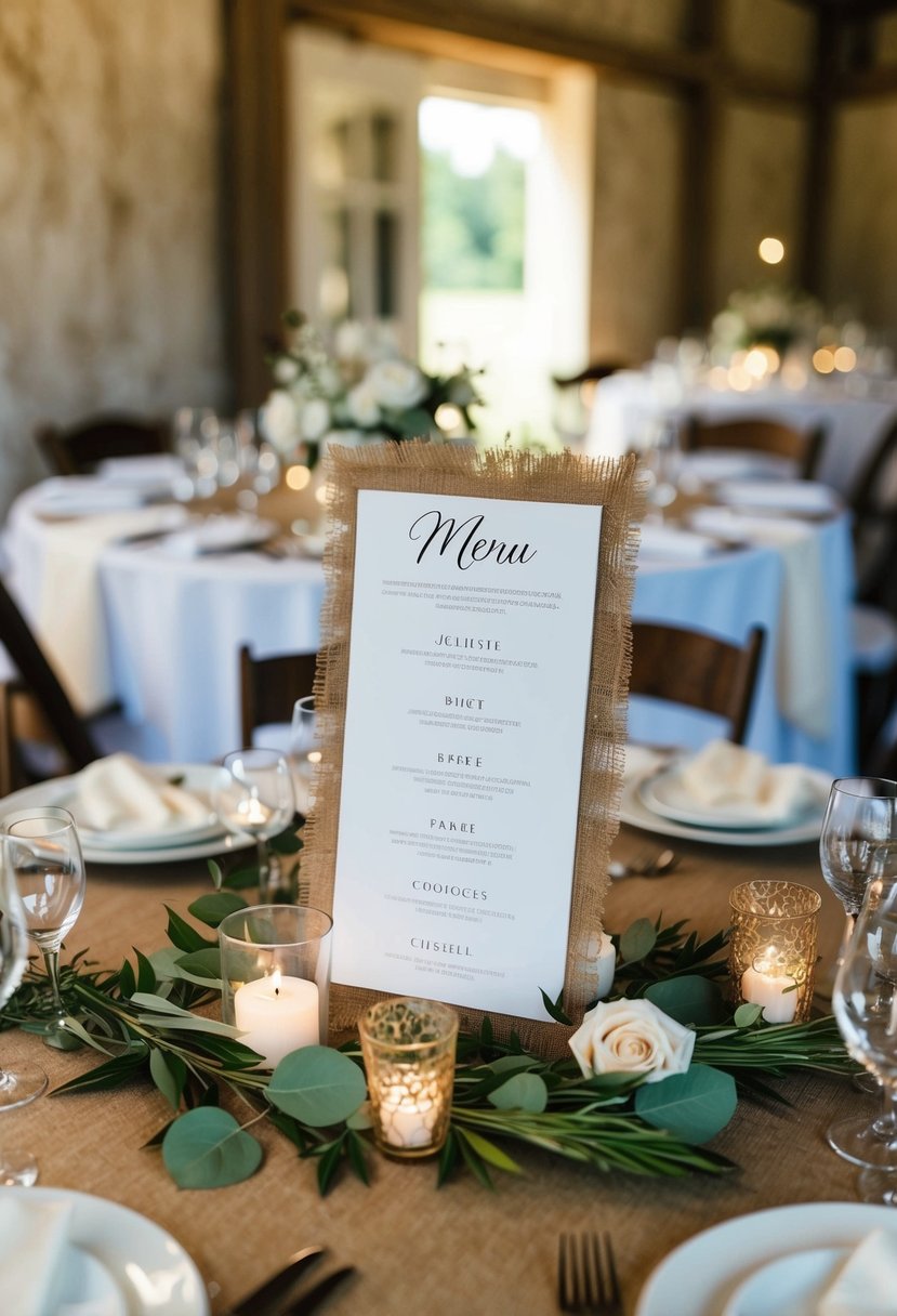 A rustic wedding table adorned with delicate cheesecloth accents, adding a touch of charm and elegance to the menu display