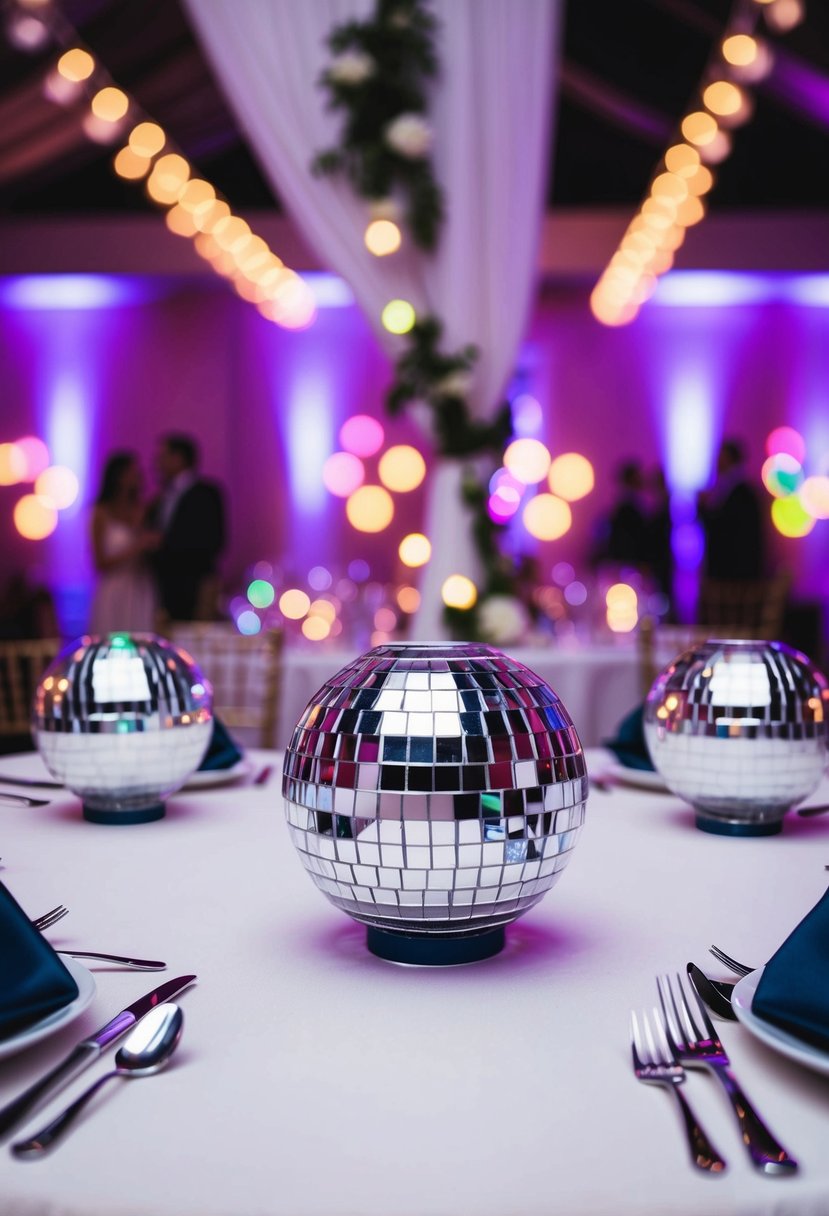 A table adorned with disco ball napkin holders, reflecting colorful lights at a lively wedding reception