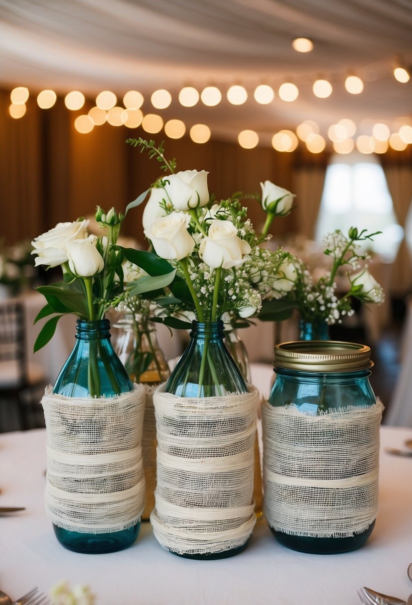 Cheesecloth wrapped around vases and jars on a wedding table