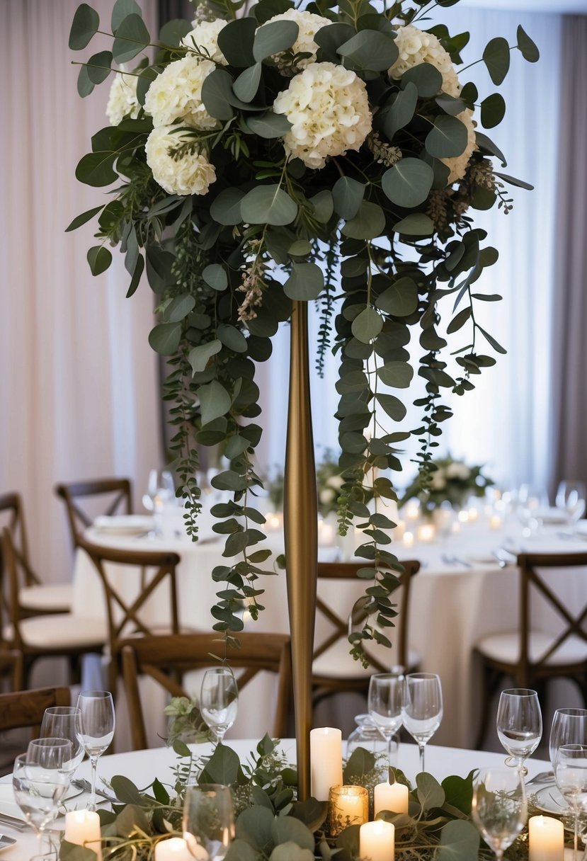 Tall centerpieces adorned with cascading eucalyptus leaves, creating an elegant and lush wedding table decoration