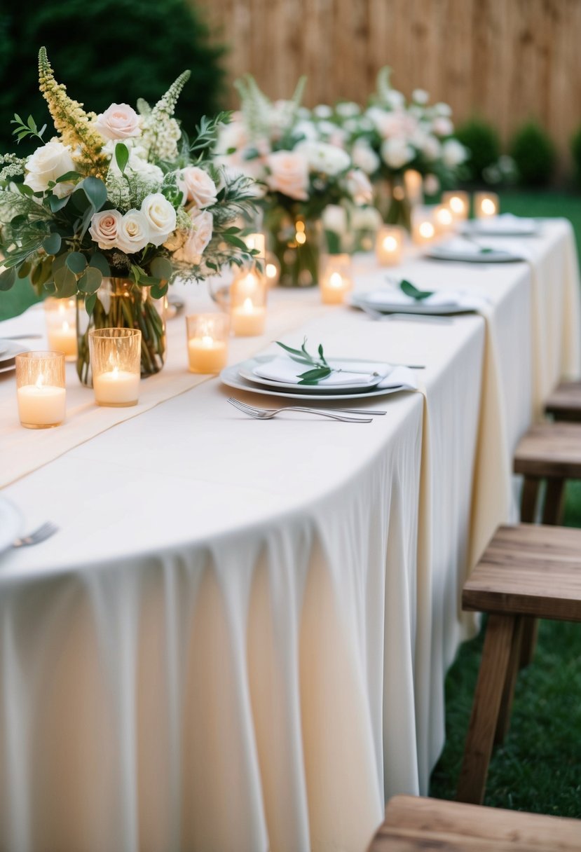 A delicate cheesecloth drapes over wooden tables, adorned with floral centerpieces and flickering candles, creating a soft and romantic wedding ambiance