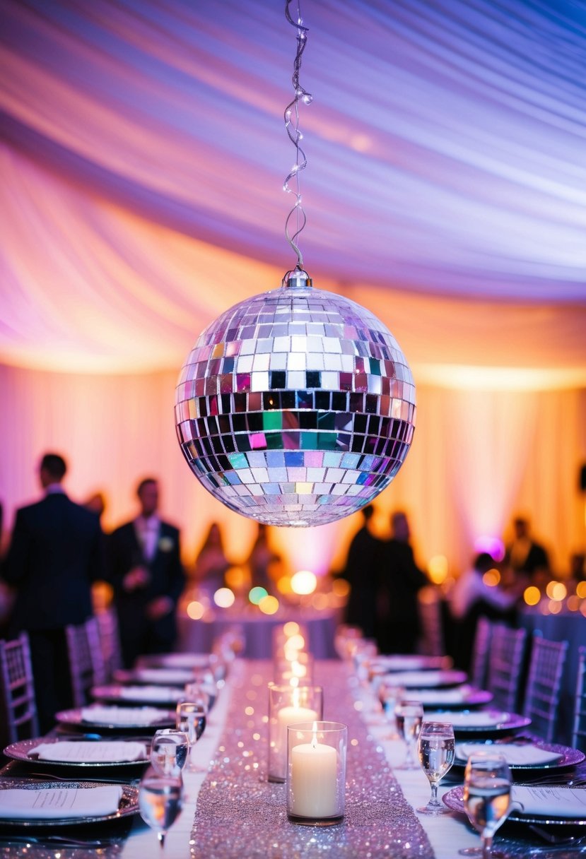 A sparkling disco ball hangs above a table adorned with glittering table runners, reflecting the colorful lights of a lively wedding celebration