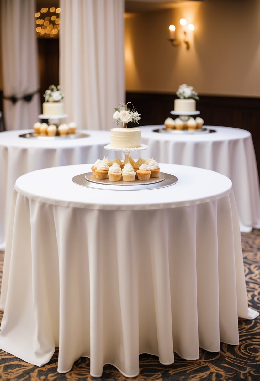 Cheesecloth draped around dessert tables at a wedding reception, creating a soft and elegant table decoration