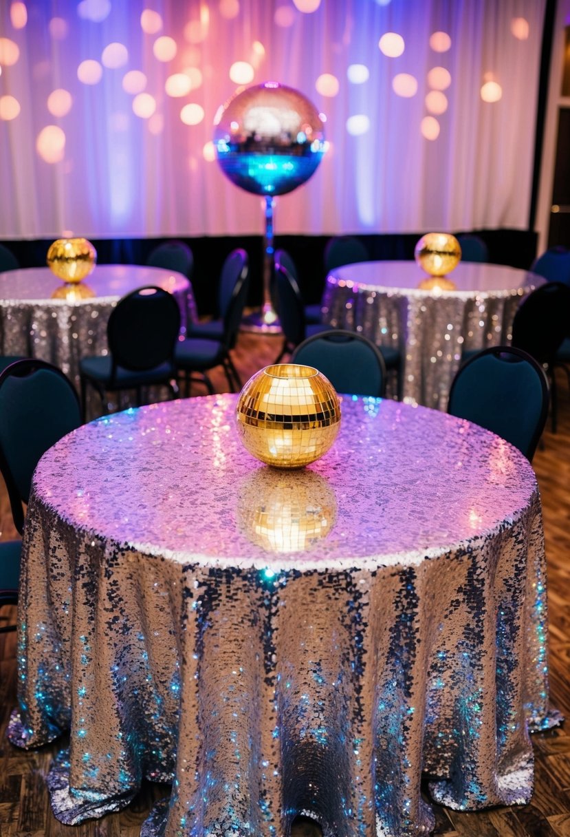 A round table covered in shimmering sequin tablecloths, reflecting the colorful lights of a disco ball, creating a festive and glamorous atmosphere