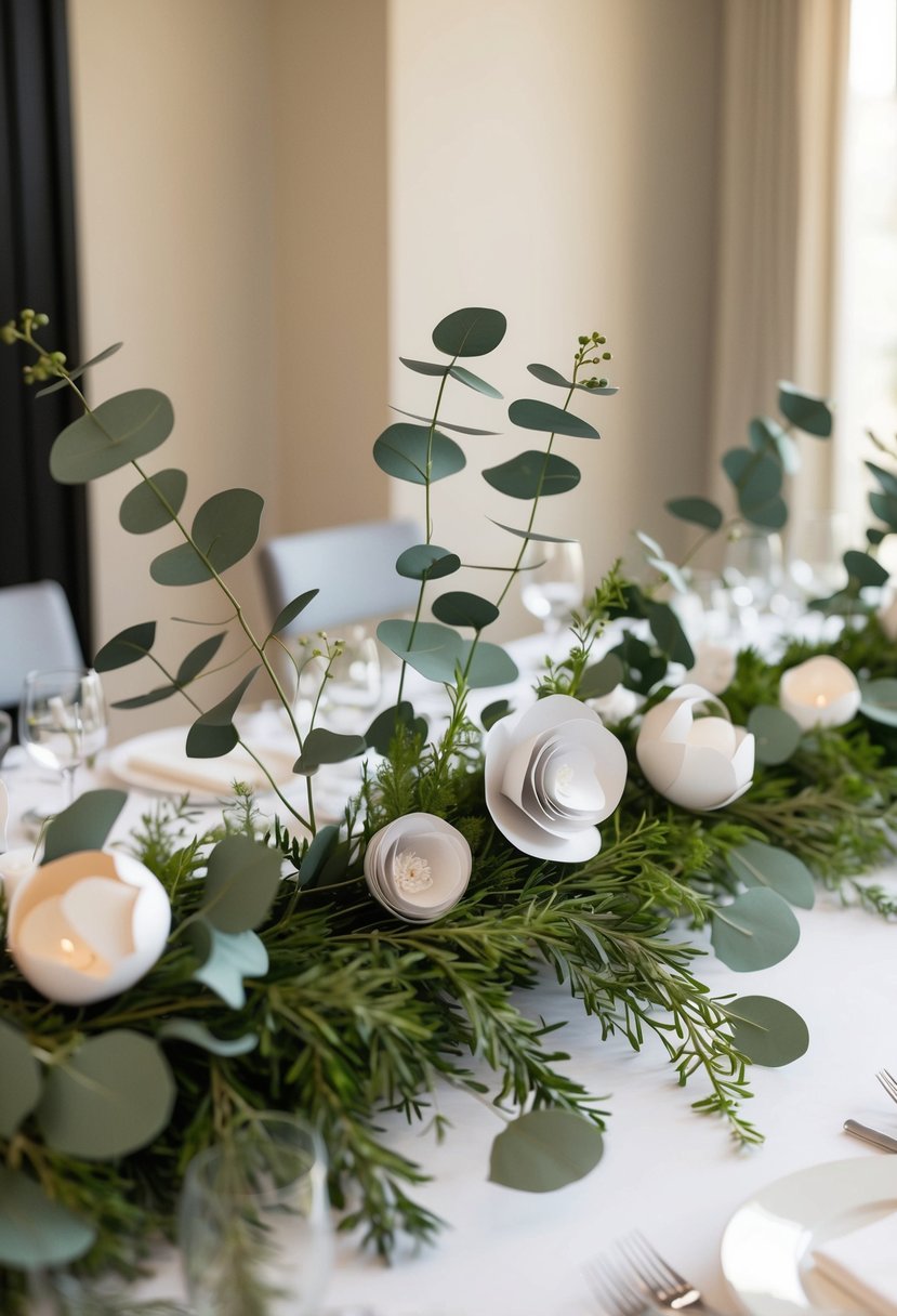 Eucalyptus branches intertwined with delicate handcrafted paper flowers arranged on a wedding table as a stunning centerpiece