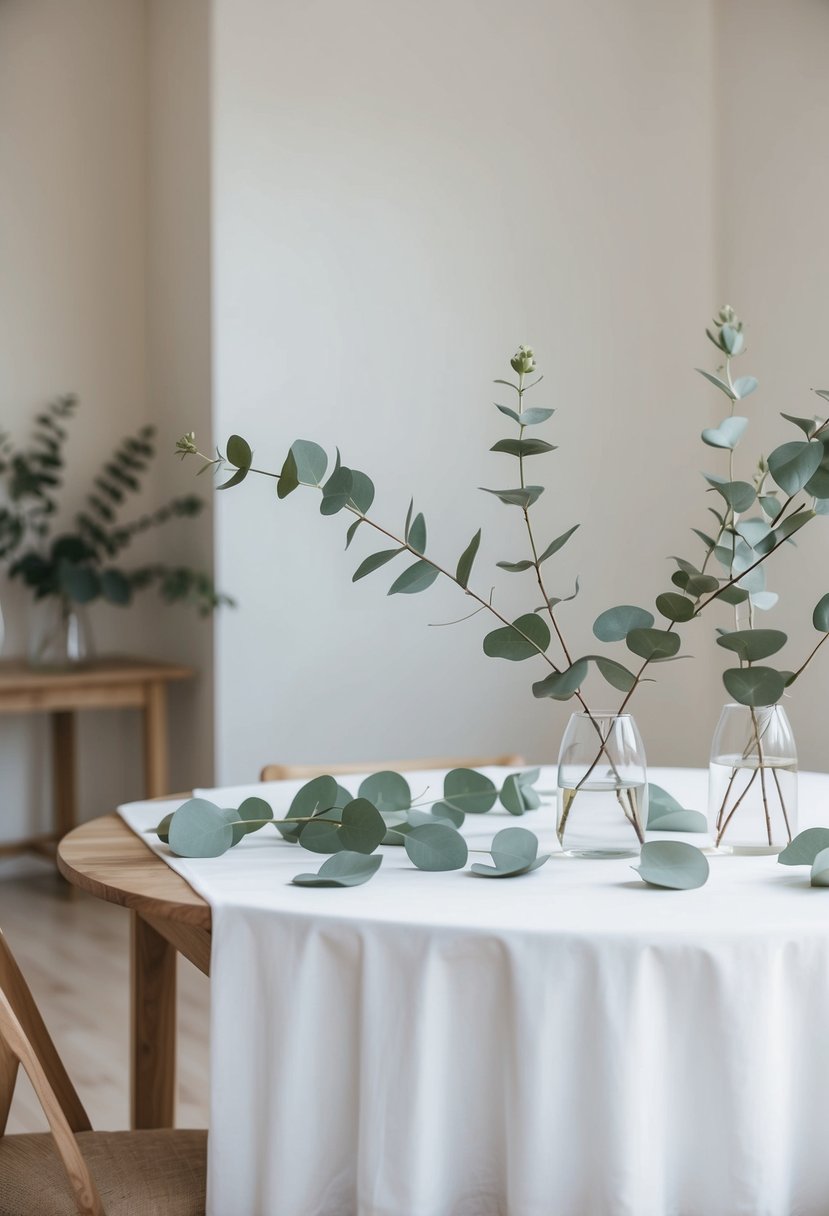 A simple wooden table with a white tablecloth adorned with scattered eucalyptus leaves and a few small eucalyptus branches in clear glass vases