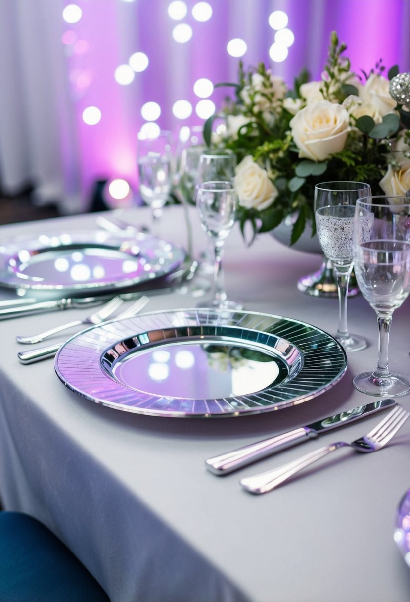 A table adorned with chrome silver disco plates and glittering decorations for a disco-themed wedding