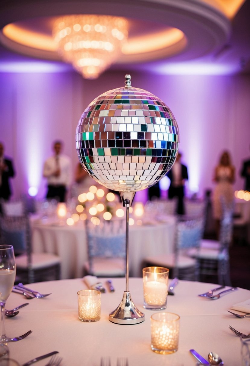 A colorful disco ball drink topper spins above a wedding reception table, casting shimmering light across the room