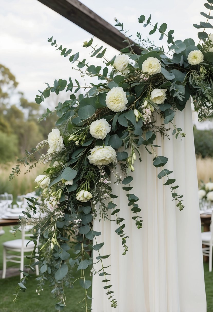 Eucalyptus branches intertwine with delicate blooms in cascading wedding table decorations