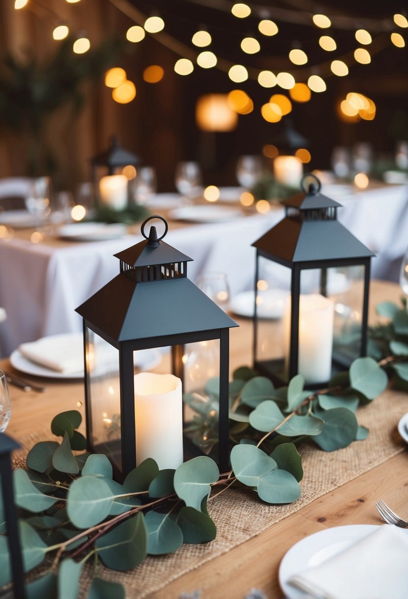 Eucalyptus-adorned lanterns create a cozy wedding table ambiance