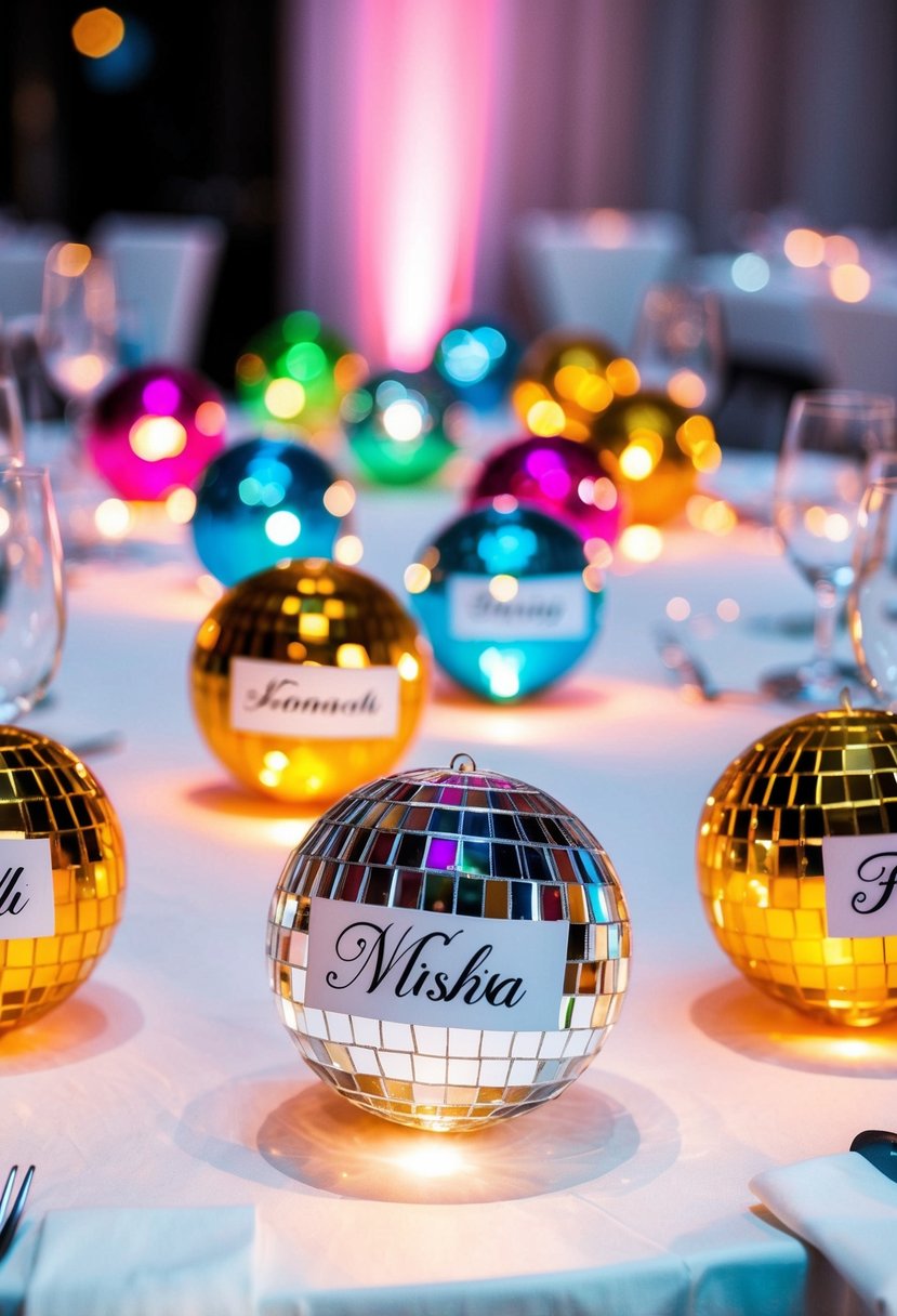 Colorful disco ball name cards arranged on wedding tables. Each one reflects light and displays a personalized name, adding a fun and festive touch to the celebration