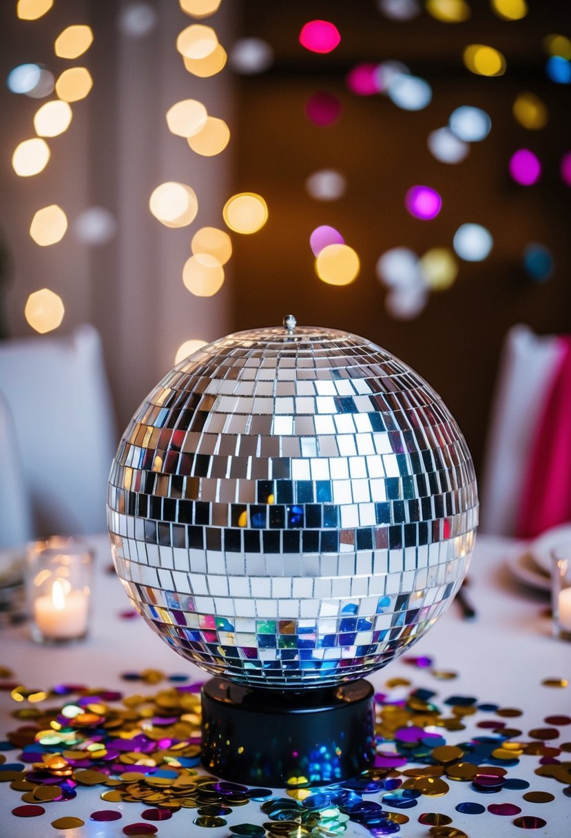 A disco ball surrounded by colorful confetti on a wedding table