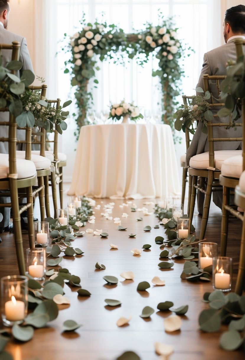 An aisle lined with eucalyptus and scattered rose petals leading to a beautifully decorated wedding table