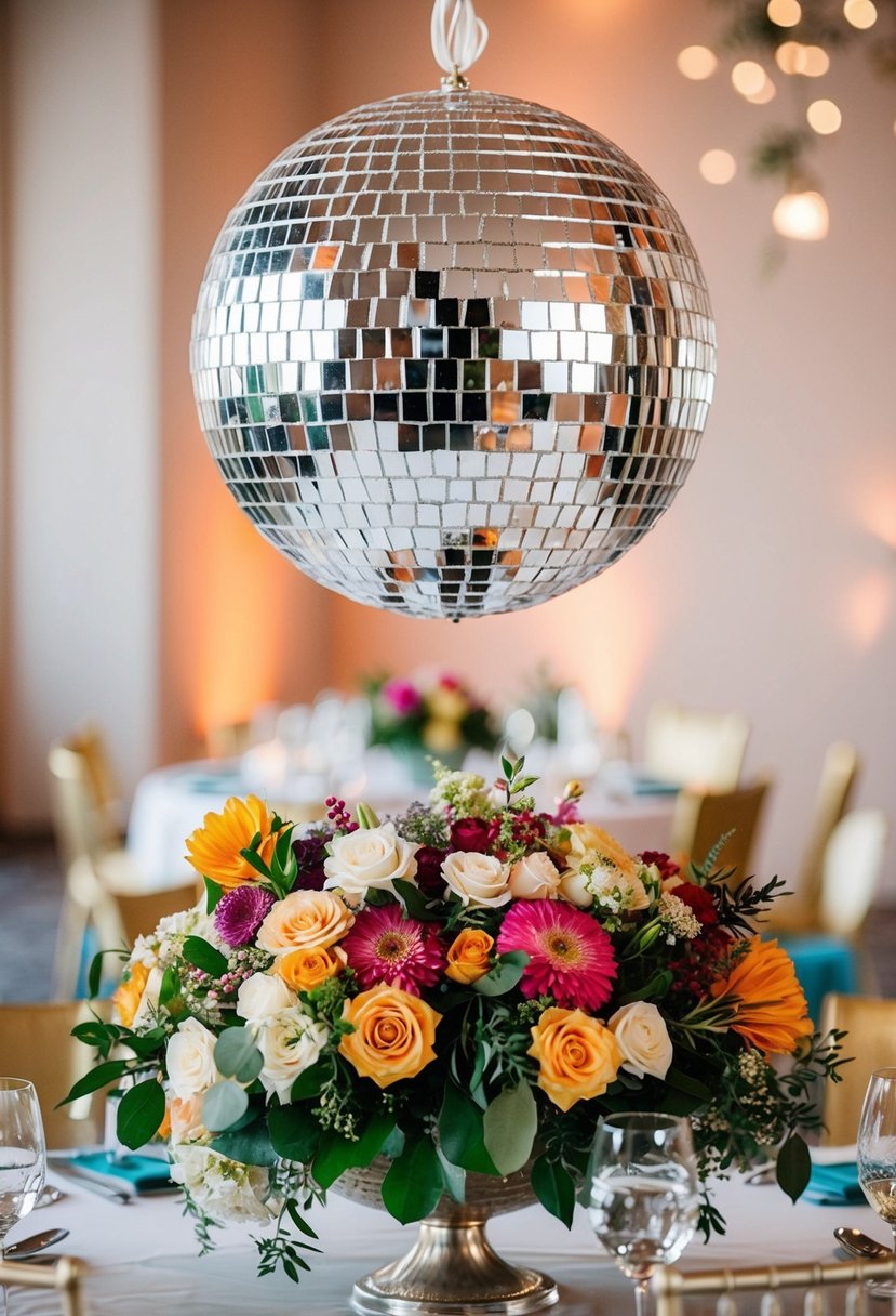 A disco ball hovers above vibrant floral arrangements on a wedding table