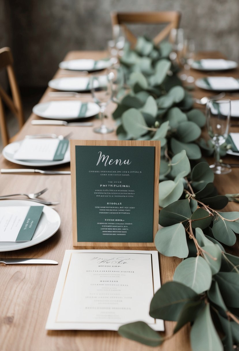 Eucalyptus garlands frame elegant wedding menus on a wooden table