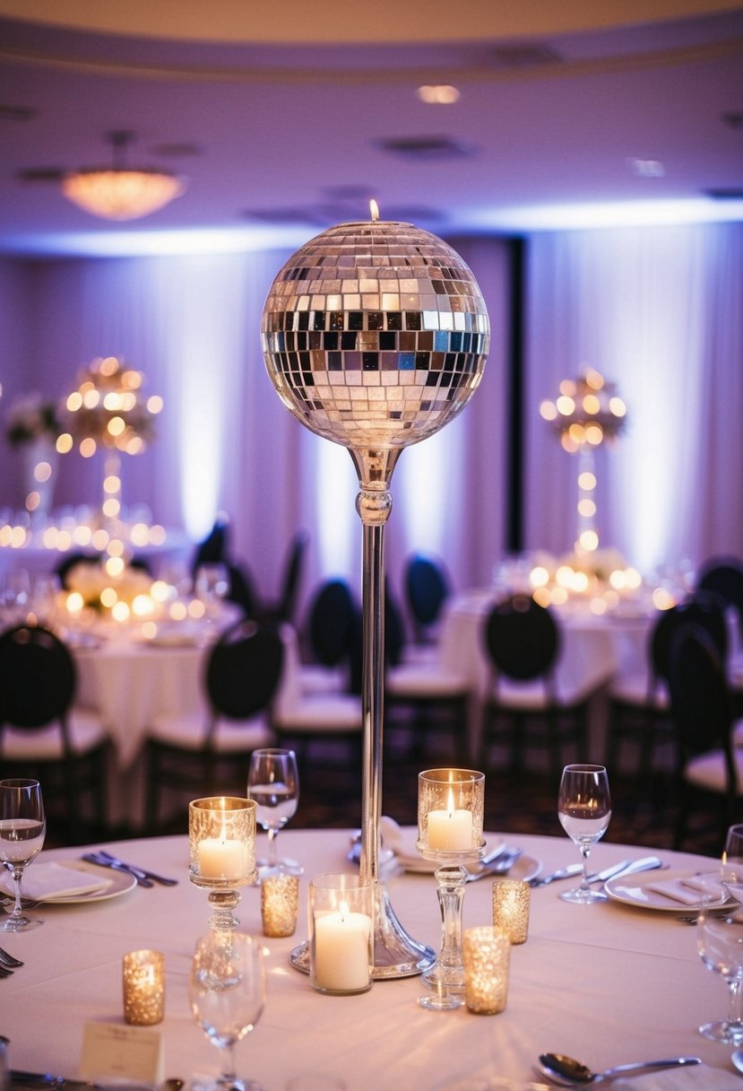 A glittering disco ball candle holder centerpiece illuminates a wedding reception table, casting a shimmering light across the room