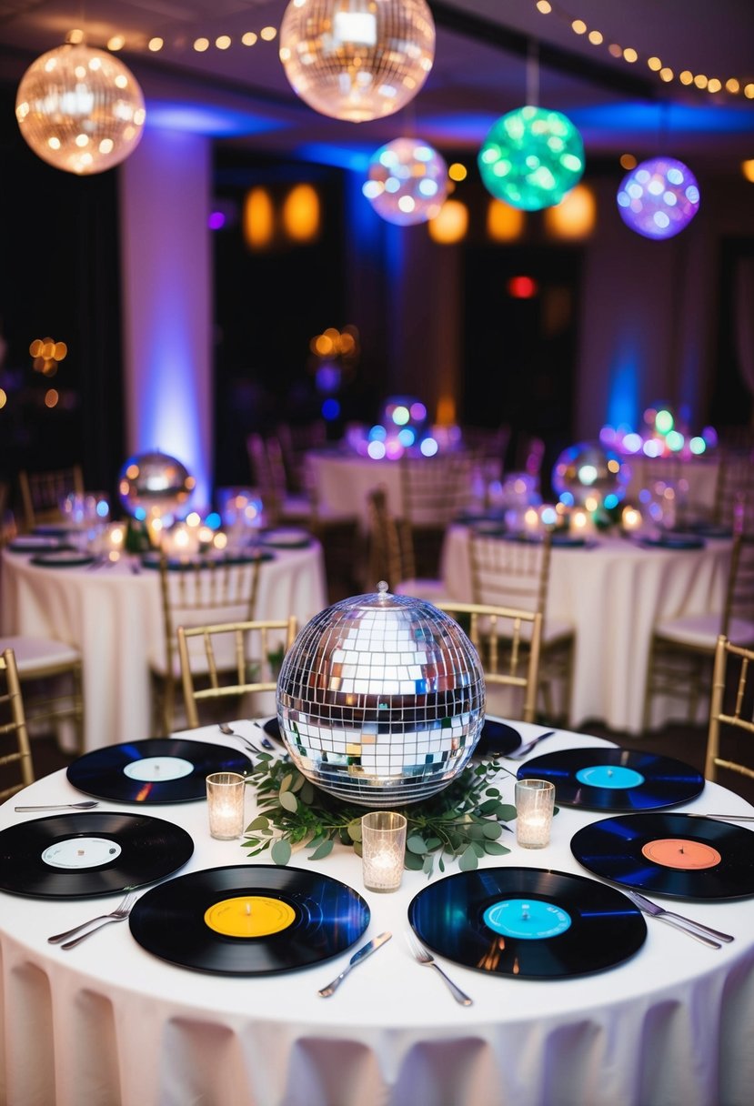 A table adorned with vintage vinyl records as centerpieces, surrounded by disco ball accents and colorful LED lights for a wedding celebration