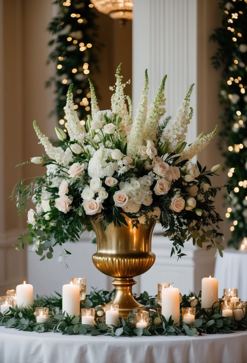 A grand floral arrangement in a gold vase surrounded by candles and greenery on a white tablecloth