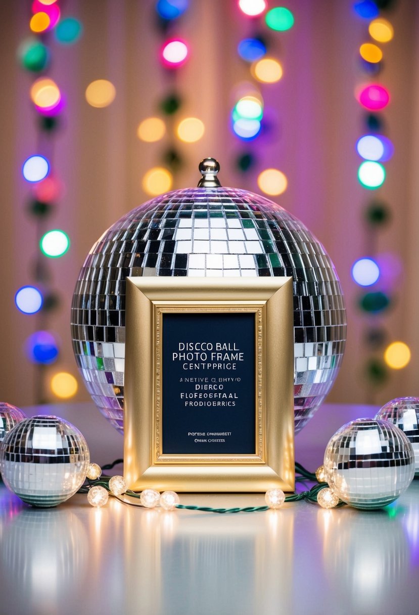 A disco ball photo frame centerpiece surrounded by colorful lights and glittering decorations