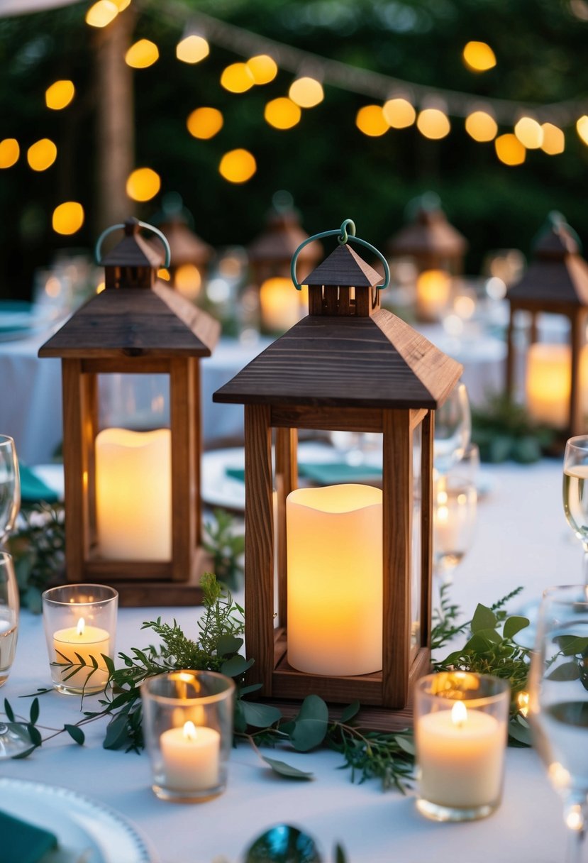 Rustic wooden lanterns glow on a wedding table, surrounded by delicate greenery and soft candlelight